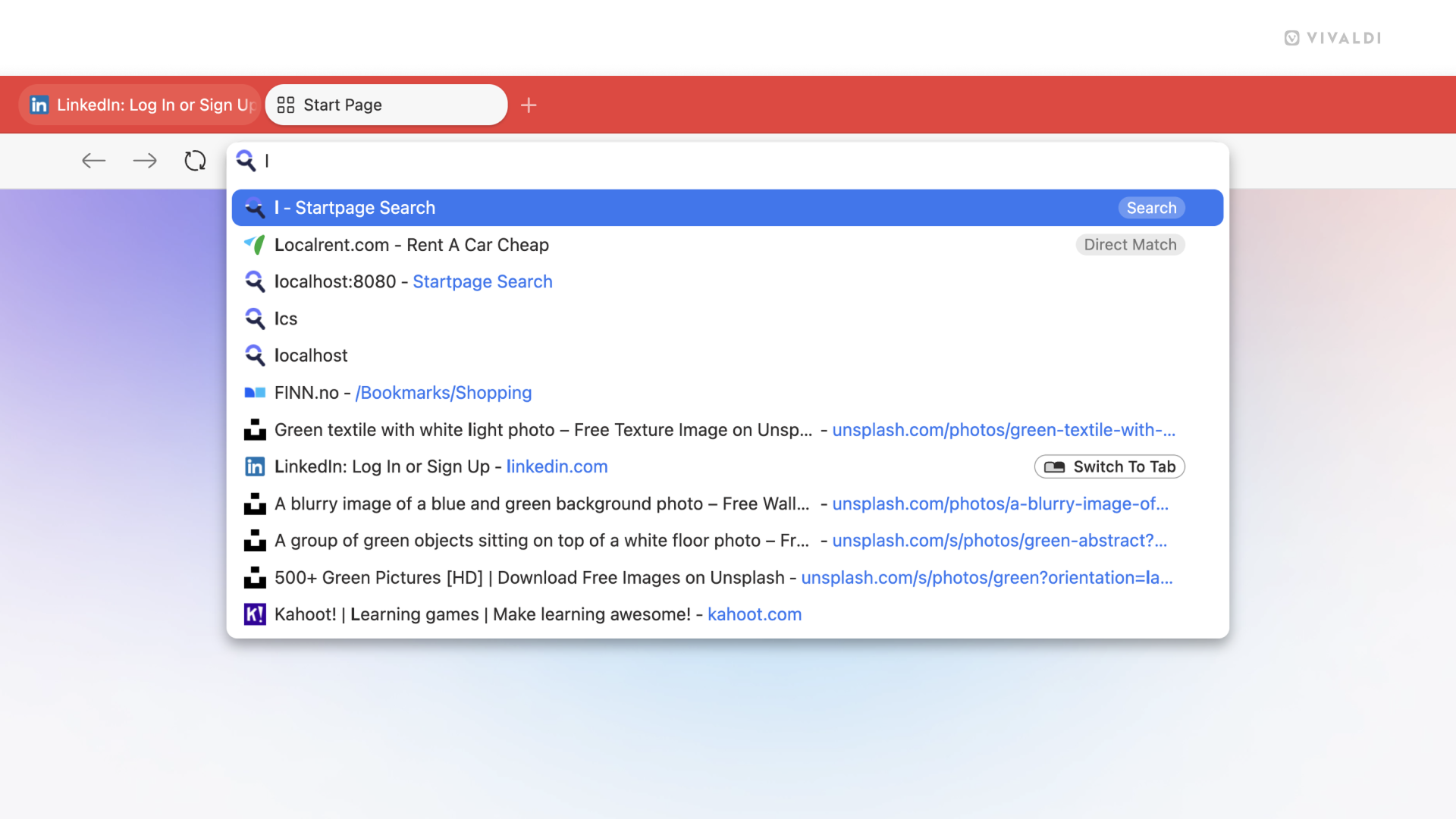 Vivaldi browser window. The letter L has been typed into the Address Field and relevant suggestions are shown in the drop-down menu.