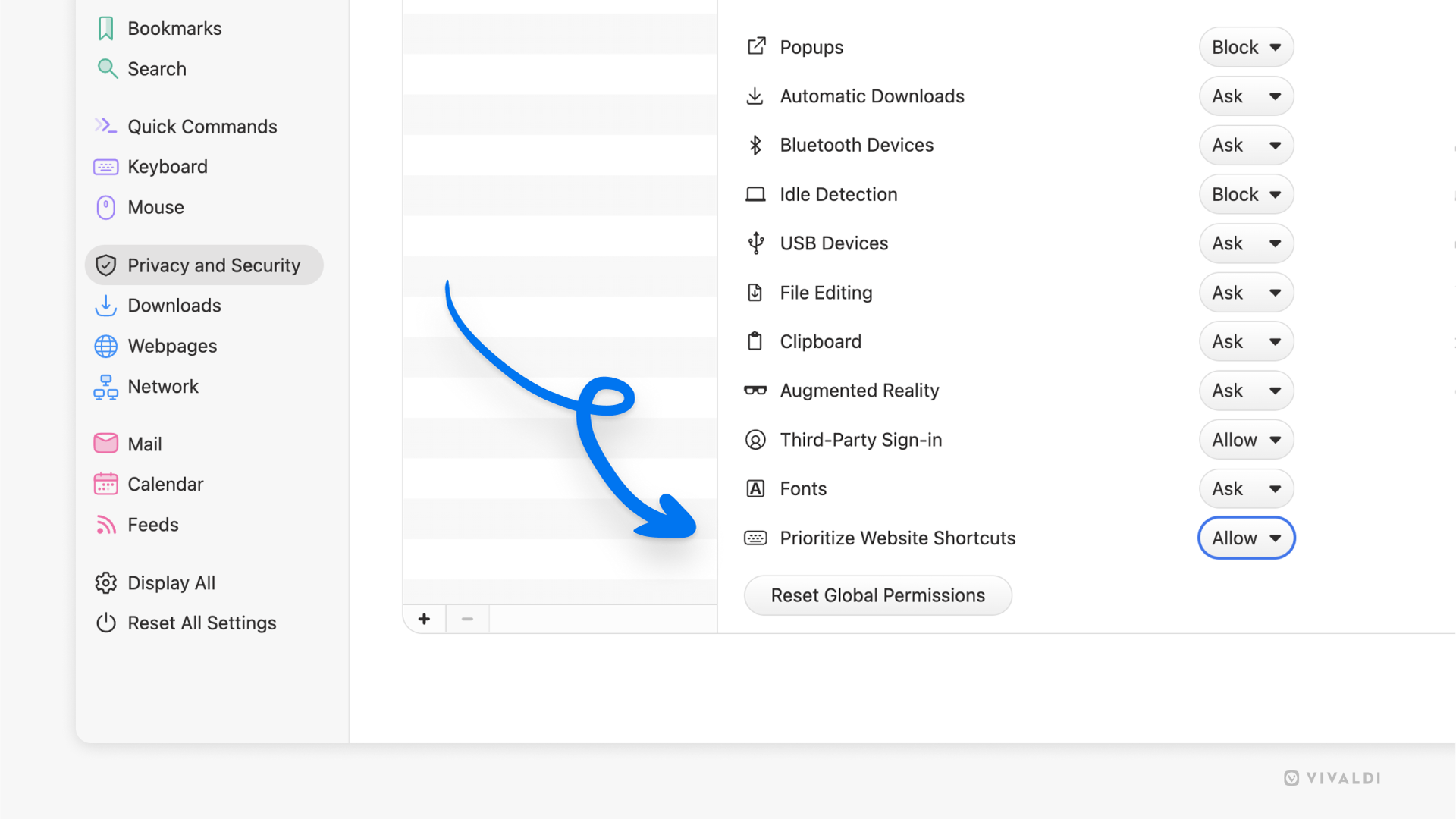 Website Permissions settings in Vivaldi. An arrow points at the "Prioritize Website Shortcuts" option which is set to "Allowed".